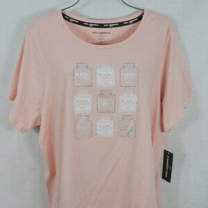 KARL LAGERFELD Women's Blouse 1X Paris Fashion Perfum Bottle Blush Shirt Top